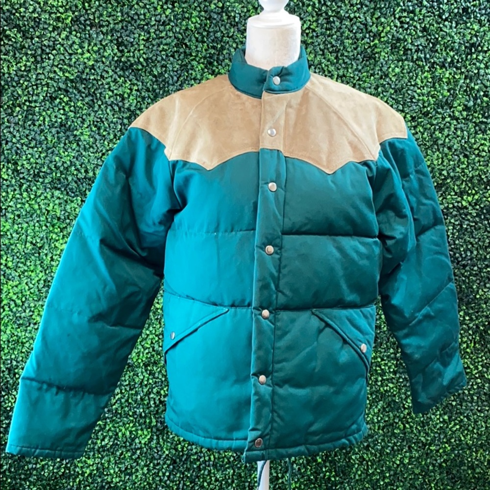Mens Medium Green and Beige Vintage Puffer Coat